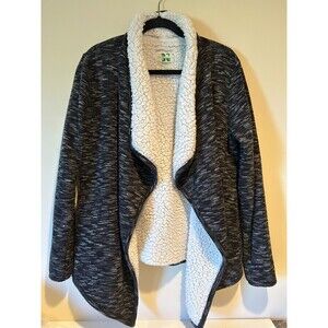 Green Tea Sherpa Fleece Womens Large Black White Heathered Open Front Sweater